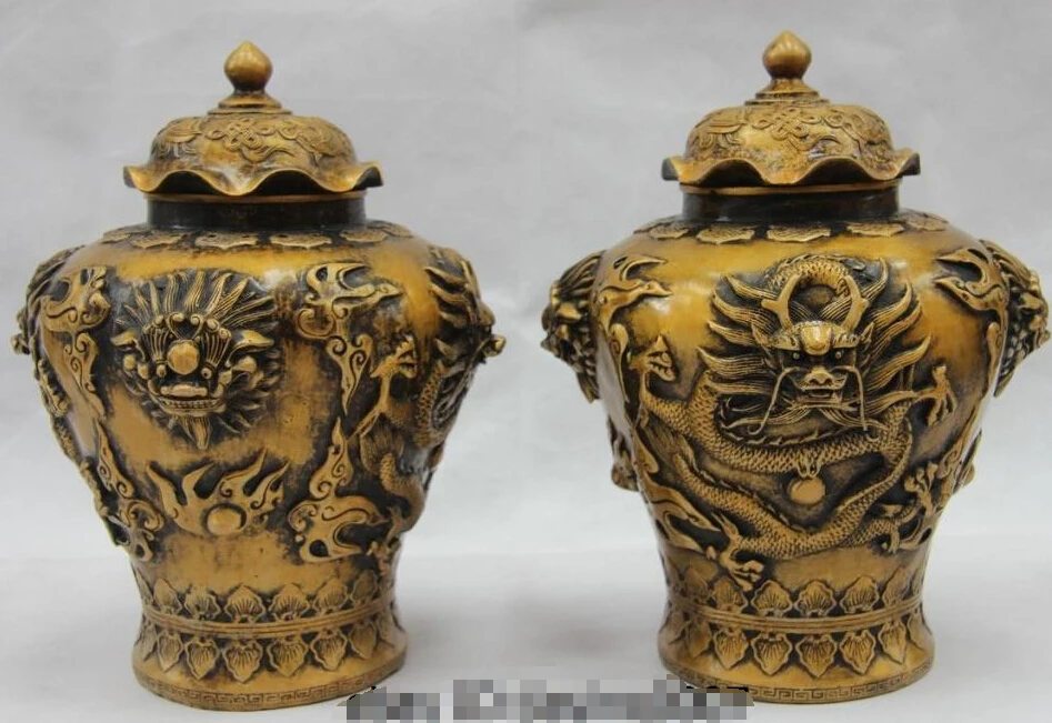 

Chinese Royal Palace Copper Bronze Eight treasures Dragon Bottle Pot Vase Pair Statue Statue