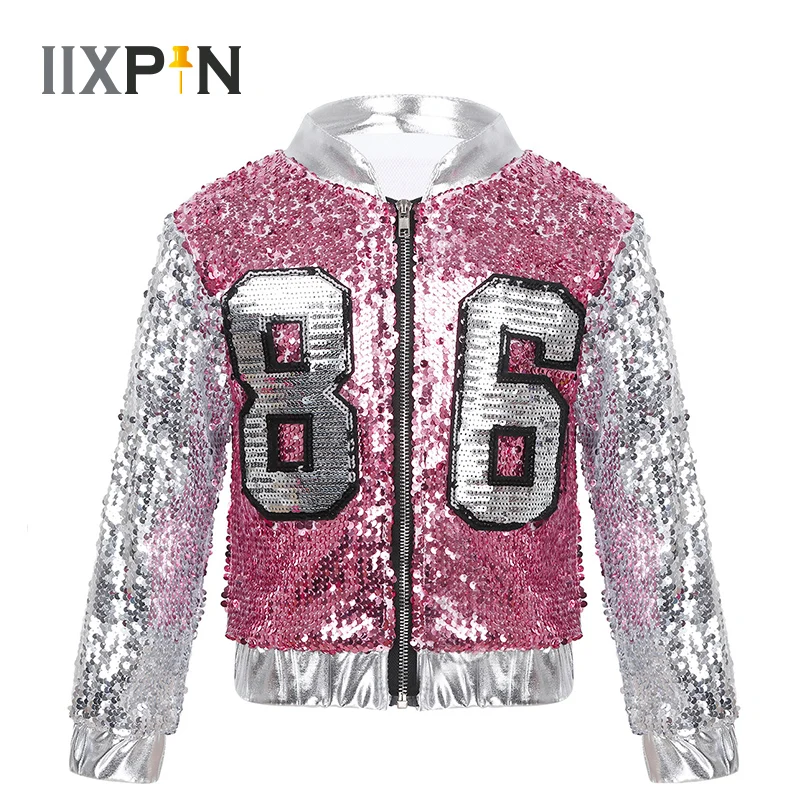 

Girls Jazz Dance costumes HipHop cheerleader costume Kids street dance Glittery Sequined Long Sleeve Front Zippered Jacket Coat