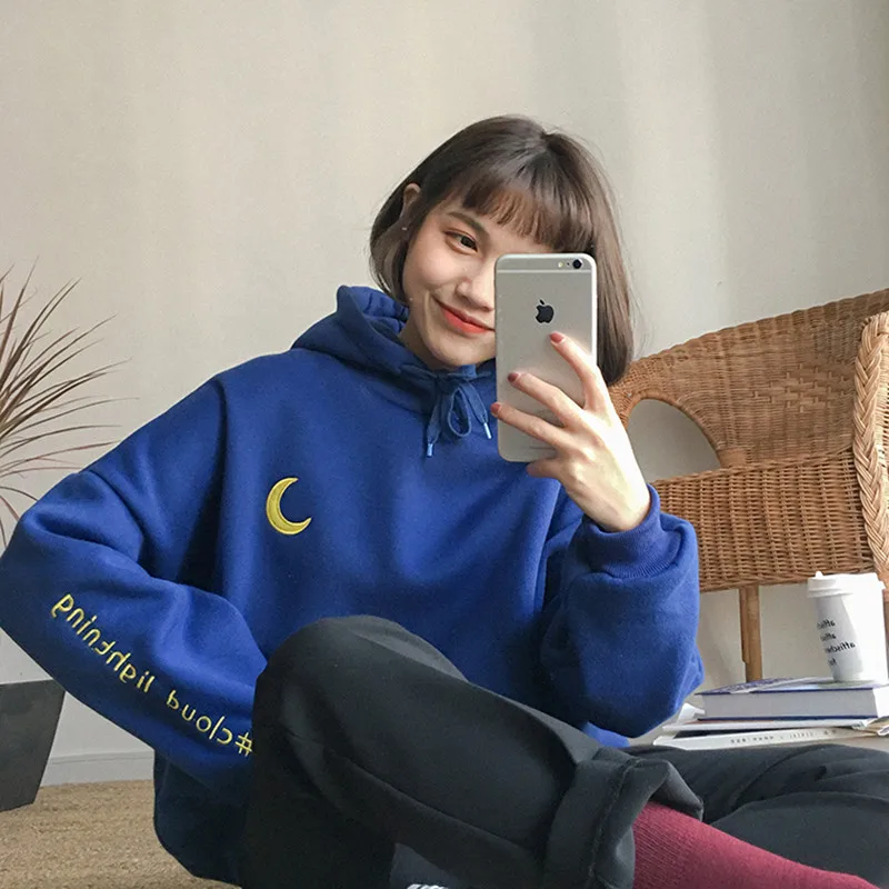 Tanie 3 kolory jesienno zimowy styl preppy Moon cartoon haft z długim rękawem swetry damskie bluzy damskie bluzy (F473)