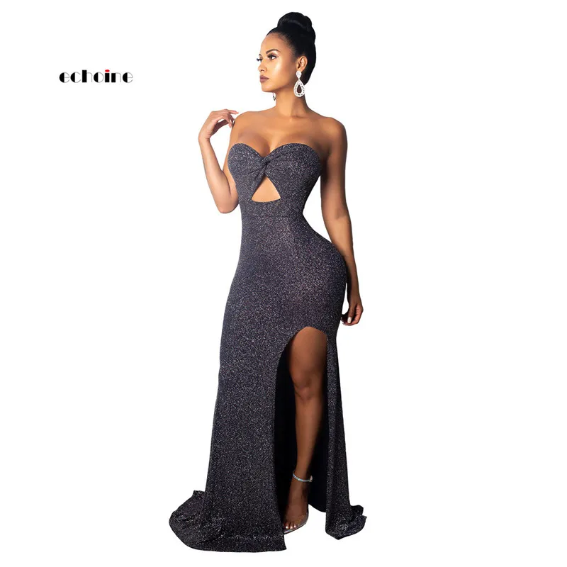 

Echoine Evening Party Dress Sexy Women Bodycon Off Shoulder Lurex Split Strapless Backless Black Elegant Floor-Length Vstidos