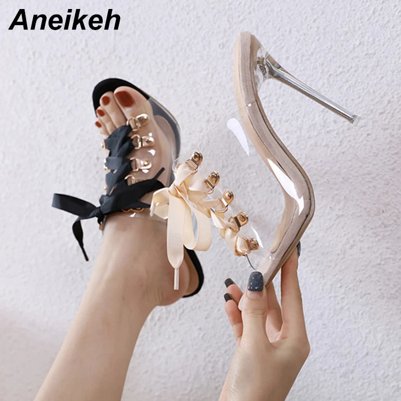 

Aneikeh Fashion 2019 Summer Gladiator Slippers Transparent Round Toe Shoe Slides Lace-Up Slip-On Thin Heels Black Apricot PU 42