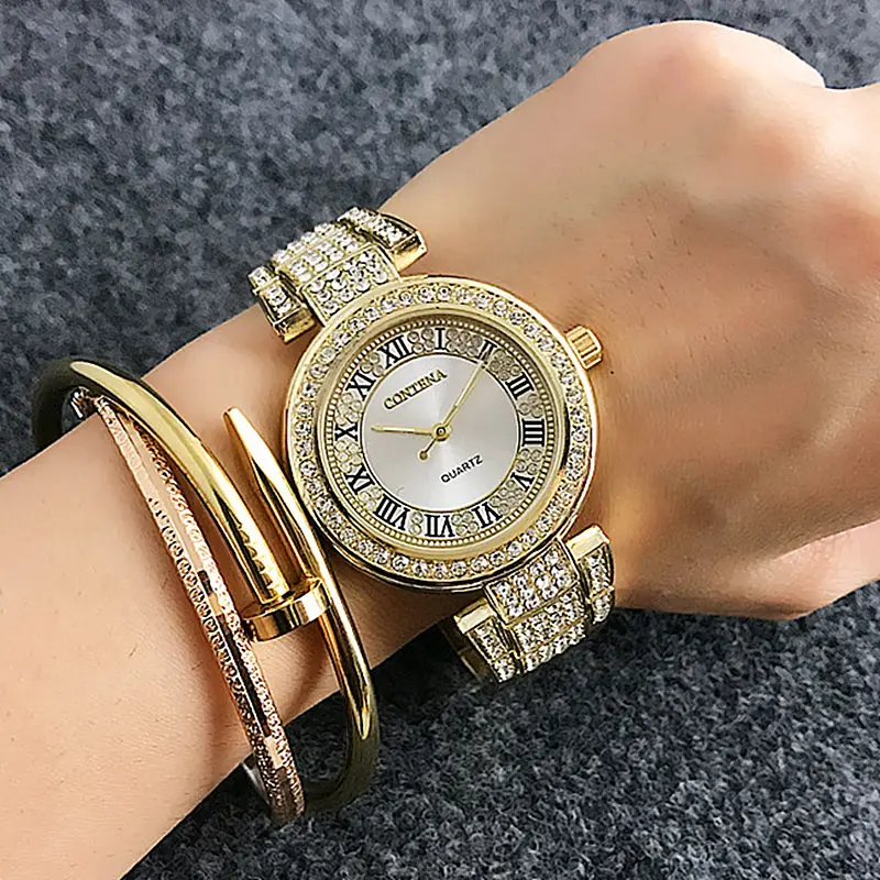 

New Fashion Business Women Watches CONTENA Luxury Rhinestone Dial Roman number Design Elegant Bracelet Ladies Wristwatches Clock