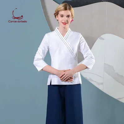 

SPA technician health club spring and summer work clothes set cotton and linen beauty salon plastic hotel front desk