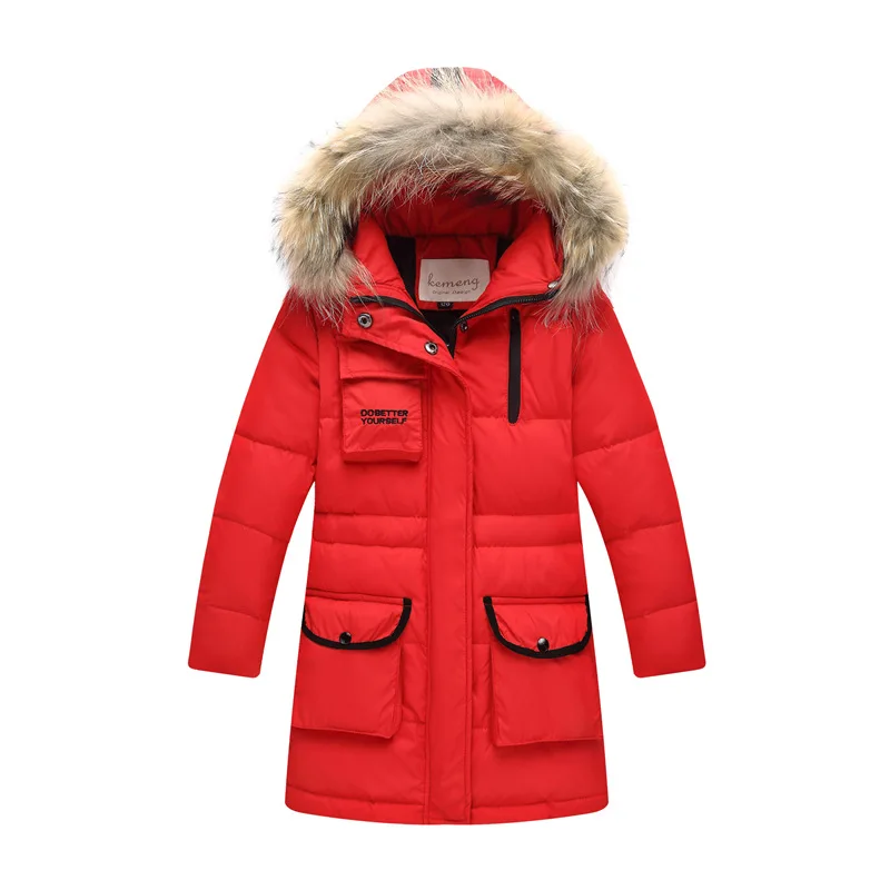 Куртки на утином пуху для русской зимы для девочек детское теплое длинное пальто с капюшоном и большим меховым воротником детская утепленная зимняя куртка-30 - Цвет: Красный