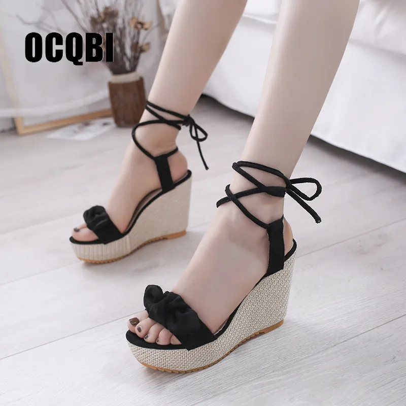

Summer Beige Wedge Espadrilles Women Sandals Open Toe Gladiator Sandals Women Casual Lace Up Ankle Strap Platform Sandals