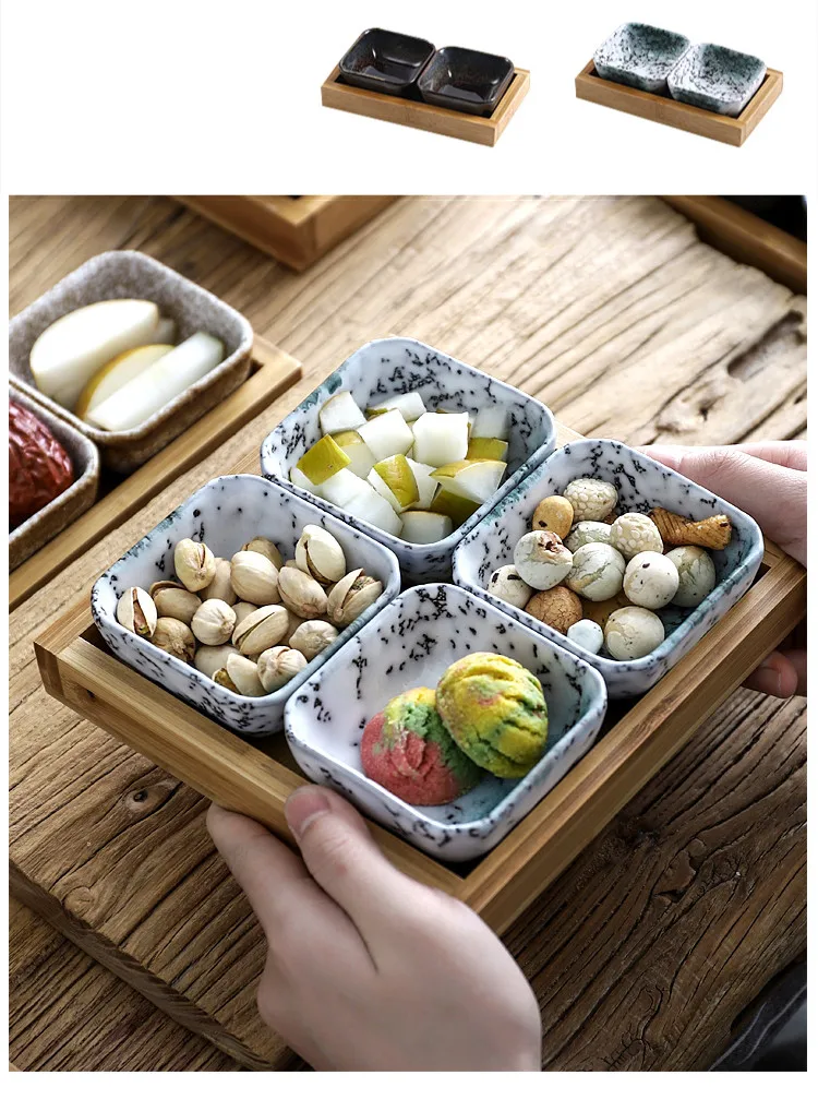 Керамические тарелки для фруктов в японском стиле с бамбуковым поддоном, домашние Десерты/тарелки для орехов, креативные тарелки для закусок и соуса