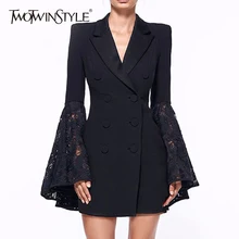 TWOTWINSTYLE, кружевное пальто для женщин, с вырезами, с расклешенными рукавами, с v-образным вырезом, двойная, Breadsted, туника размера плюс, Блейзер,, Весенняя мода, новинка
