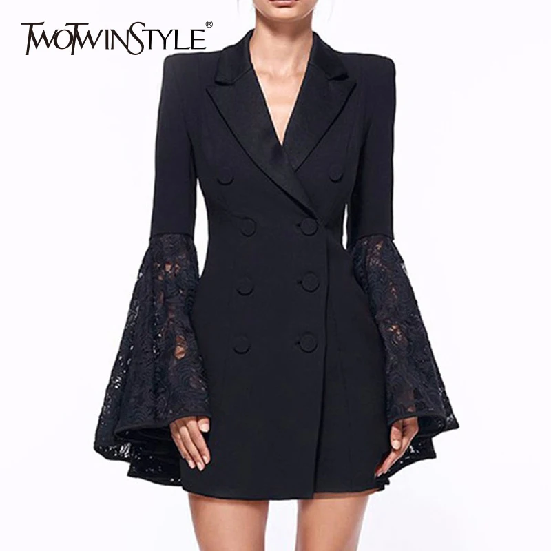 

TWOTWINSTYLE Lace Coat For Women Hollow Out Flare Sleeve V Neck Double Breadsted Tunic Plus Size Blazer 2019 Spring Fashion New