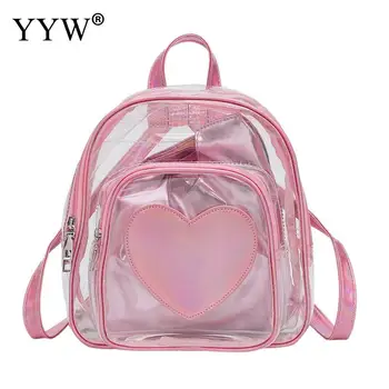 

Clear Pink Transparent Bag School Backpack Pvc Heart Leather White Mini Chic Waterproof Bags Cute Girl Casual Schoolbag