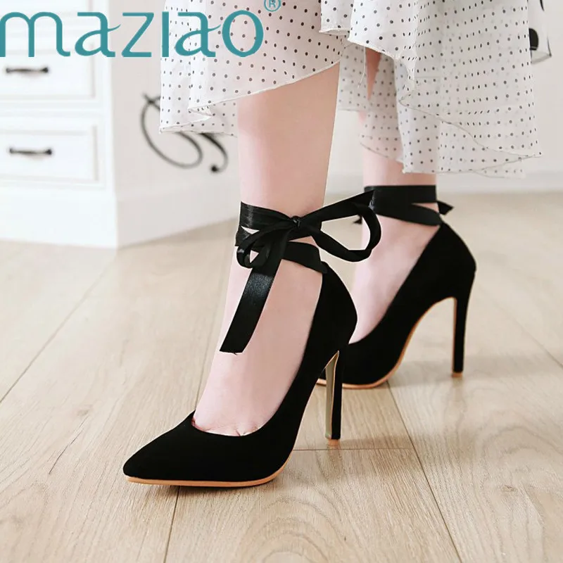 

Ankle Strap High Heels Flock Gladiator Shoes Thin Heels Pointed Toe Fashion Women Party Wedding Lace-Up Ladies Pumps MAZIAO