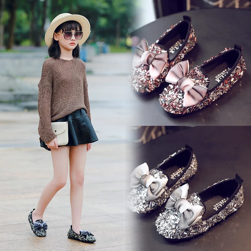 Autumn New Kids' Leather Shoes with Butterfly Knot Princess Shoes Big Bowknot Girls Flats with Sequins Flat Heel Slip On