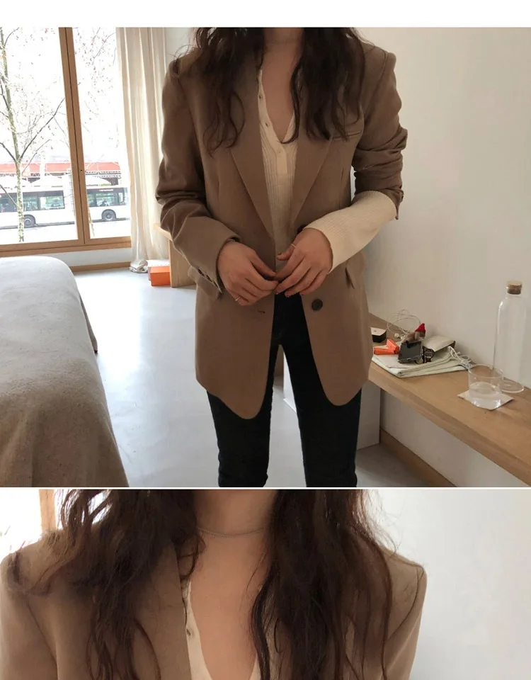 Women Blazer Single Breasted Regular Length Solid Notched Pockets Full Sleeve Korean England Style