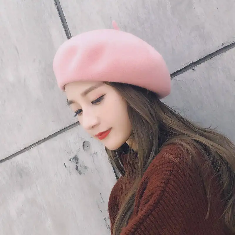 

Lady Autumn Winter Berets Hat Painter Style Hat Women Wool Vintage Berets Solid Color Caps Female Bonnet Warm Walking Cap