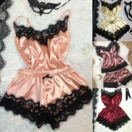 

Women Faux Silk Satin Lace Nightwear Pajama Sets Babydoll Robe Short Bathrobe Underwear Sexy Lingerie Sleepwear Tanks Shorts HOT