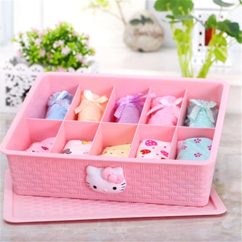 

Plastic Storage Box Underwear Socks Cosmetics Hello Kitty 10 grid Storage Box with Cover 2D