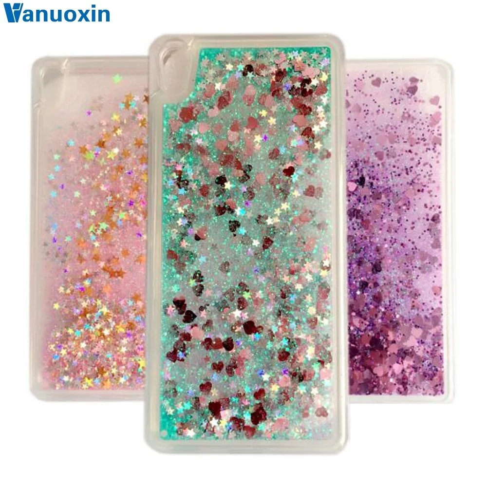 Dinámica amor corazón brillo líquido de Glitter. Caso de la sFor Funda Sony Xperia E5 caso Coque Sony E5 F3311 F3313 suave TPU cubierta del teléfono