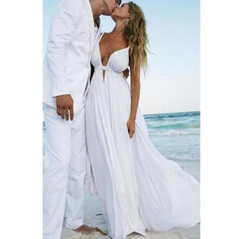 

2019 New Sexy Deep V-Neck Beach Wedding Dress Spaghetti Straps Backless Chiffon Wedding Dresses With Pleats vestido de noiva