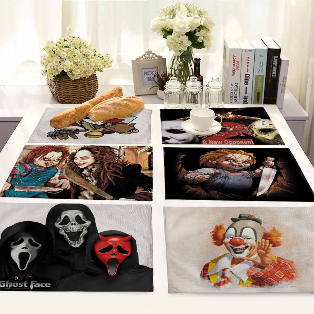 

New Arrival Horror Movie Character Chucky Pattern Table Mat Cartoon Jason Print Linen Placemats For Kitchen Table