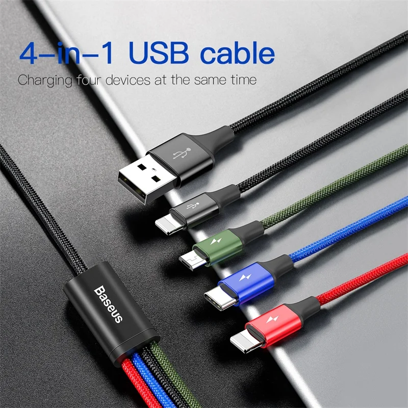 4in1 usb كابل شحن ل فون سامسونج xiaomi كابل شاحن الهاتف المحمول ل أبل البرق المصغّر usb نوع c كابل الروبوت