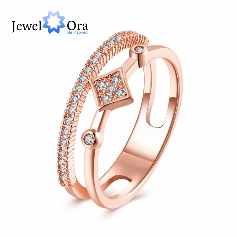 Hot Selling 2 Color Unique Double Rows Women Ring Trendy Rose Gold Color Square Zircon Ring For Party (JewelOra RI102259)
