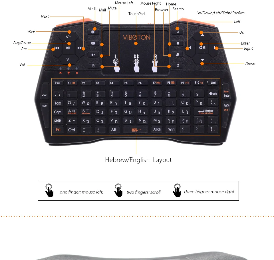 VIBOTON i8 плюс английский Иврит Клавиатура 2,4 г мини беспроводная клавиатура воздуха мышь с сенсорной панелью для Android TV Box, мини-ПК, ноутбука