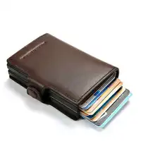 Women Men Genuine Leather Double Metal Credit Card Holders Aluminium RFID Blocking Wallet Hasp Mini Vintage ID Bank cardholder