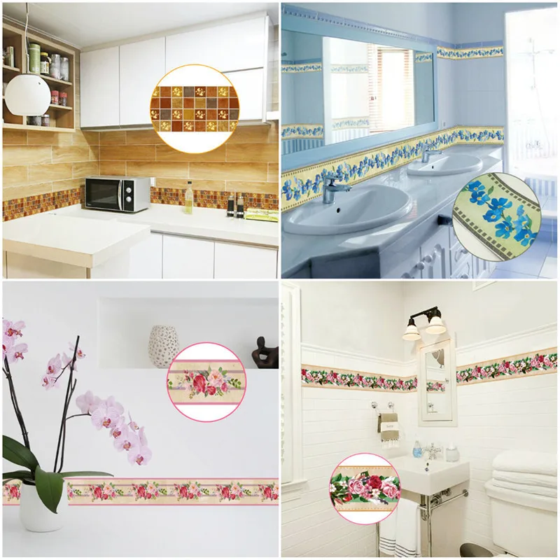 

10M Flower Types Waist Wall Stickers Beautiful Wall Corner Wall Sticker European Tile Stickers Kitchen Bathroom Home Decoration