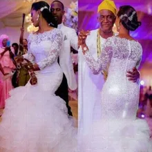 Новинка года; кружевное свадебное платье русалки с длинными рукавами; Потрясающие оборки; Vestido De Noiva Robe de mariee