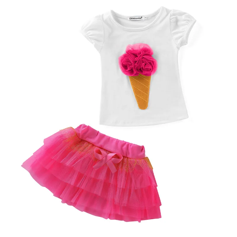 Новинка года; повседневная детская одежда; Спортивный костюм летняя одежда футболка с рисунком мороженого для маленьких девочек+ юбка-пачка для девочек комплект одежды для девочек