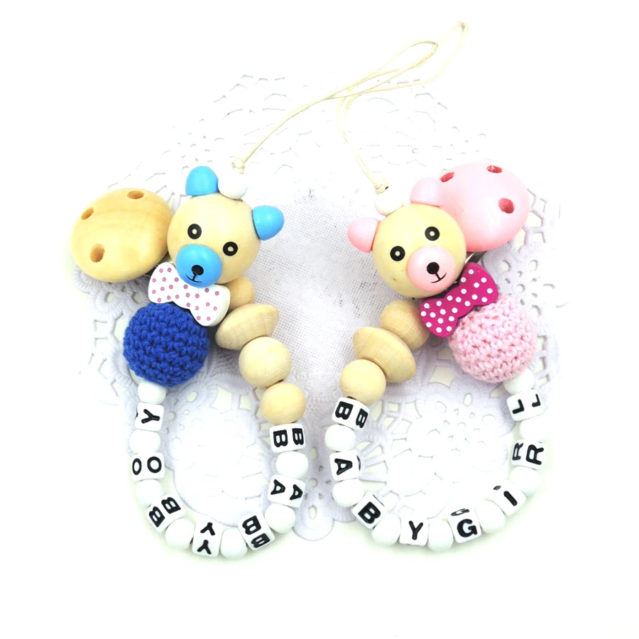 NEW Wooden Bear beads bow tie personalized pacifier for baby natural crochet wood beads baby boy baby girl birth gift toy NT211