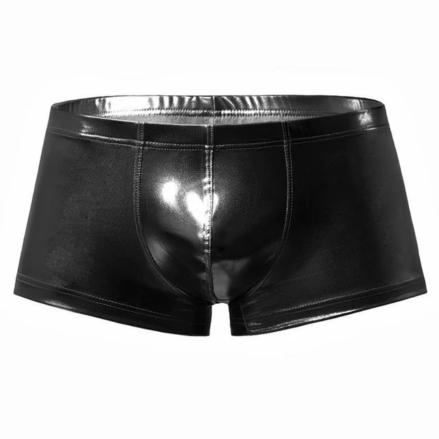 Sexy Male Imitation Leather Boxers Erotic lingerie Men Tight Metallic Underwear Clubwear