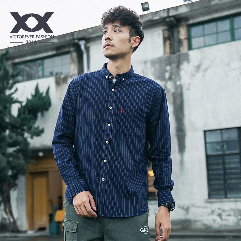 

Japanese vertical striped shirt men's long sleeve retro casual Harajuku style thickening plus velvet shirt male