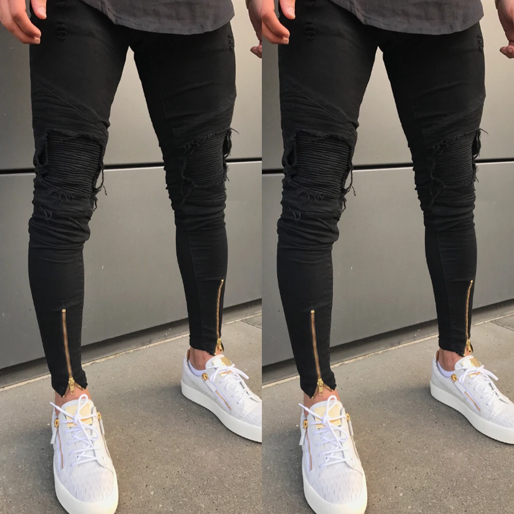 Модные черные джинсы мужские потертые рваные джинсы мото эластичные джинсовые брюки рваные облегающие брюки размер 28-38