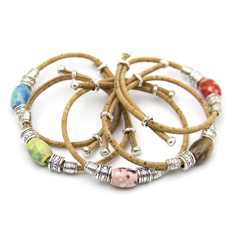 Ceramic beads natural cork bracelet women Vintage bracelet handmade