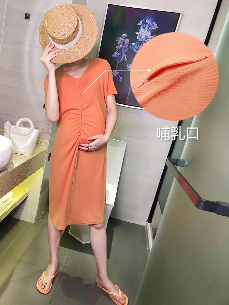 

2019 Summer Pregnant Women Nursing Dress Clothes Women Short Sleeve Pregnant Maternity Dress Orange Nursing Pregnancy Casual