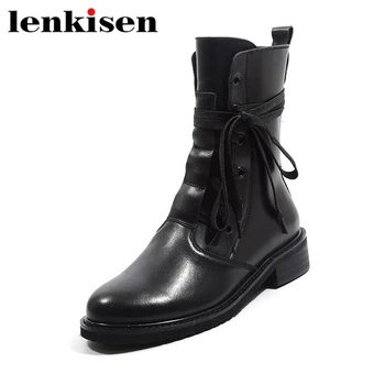 

Lenkisen motorcycle boots round toe zipper genuine leather square low heels large size woman autumn winter mid-calf boots L13