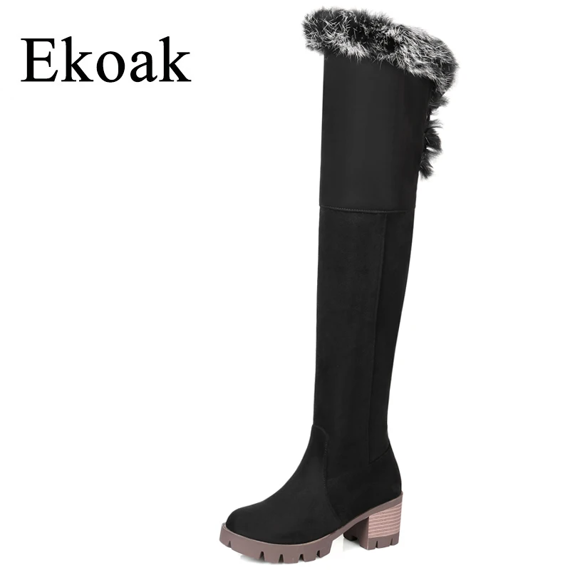 

Ekoak New 2018 Spring Women Boots Fashion Thigh High Boots Rabbit Fur Over The Knee Boots High Heels Platform Boots Shoes Woman
