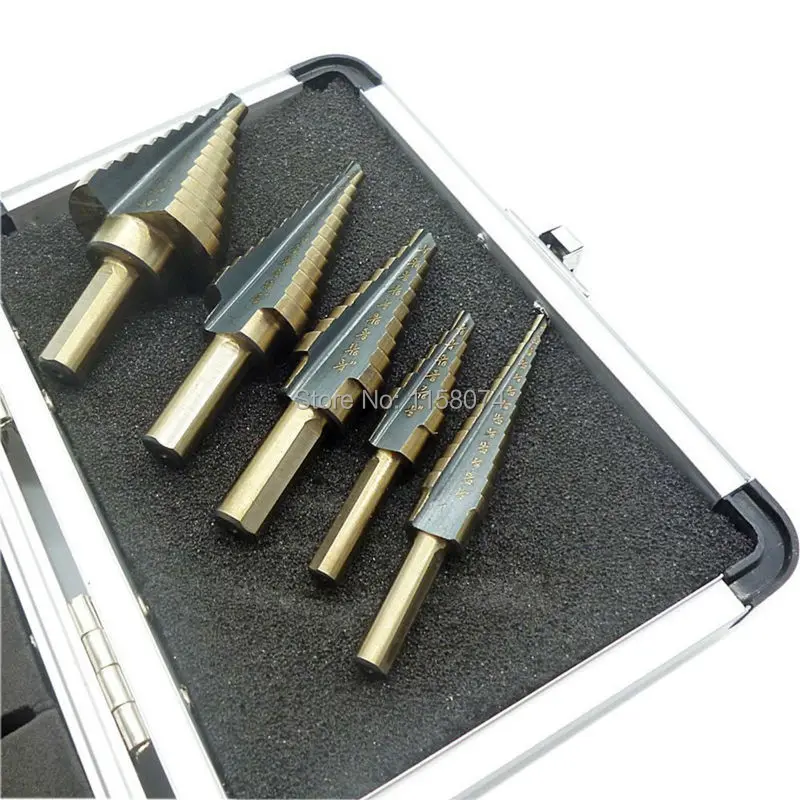 5pcs Haute Vitesse Acier Grand Cobalt Trou Titane Cône Étape Drill Bit Cutter Set Outils avec Étui