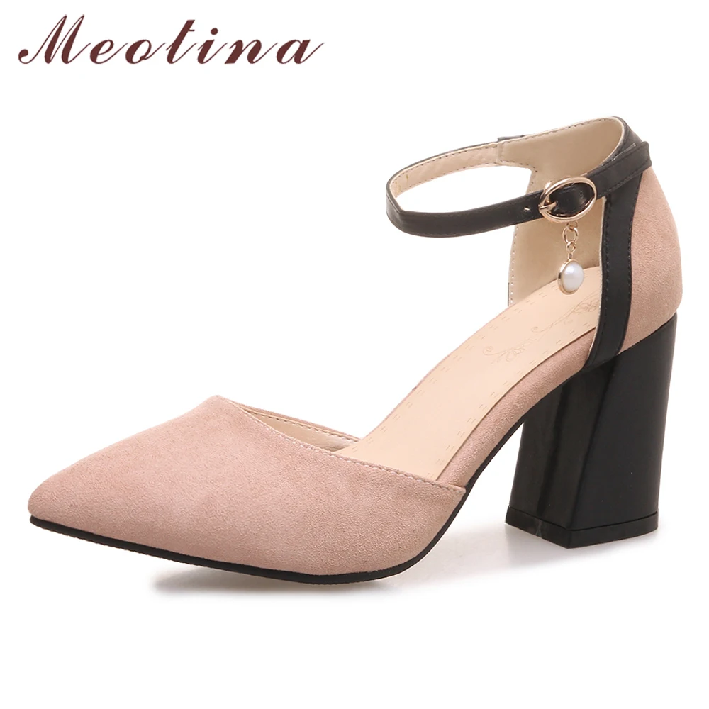 

Meotina Women Shoes High Heels Buckle Chunky High Heels Wedding Shoes Pointed Toe Ankle Strap Pumps Ladies Red Large Size 33-46