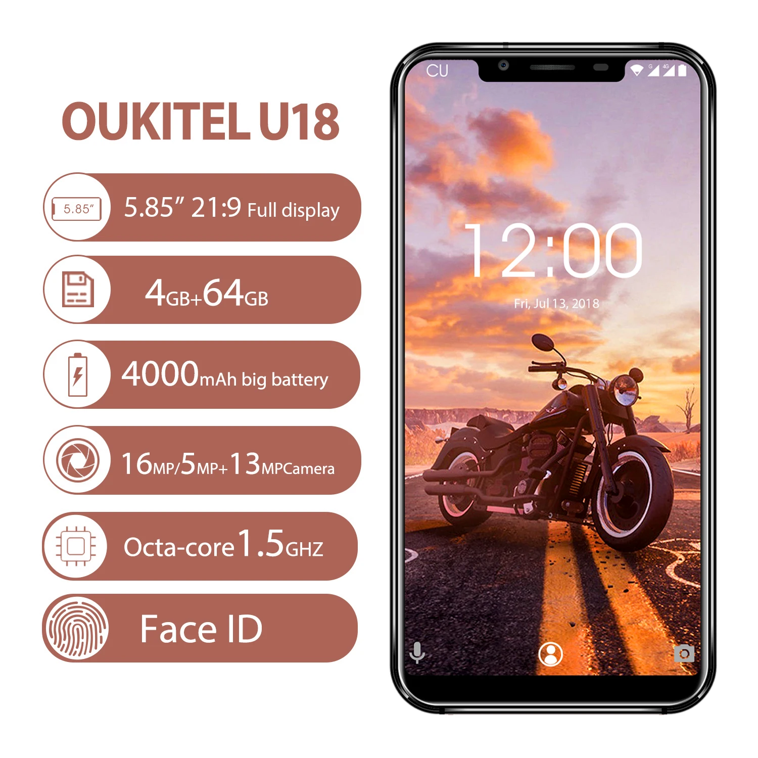 

Oukitel U18 Face Id 4g Lte Smartphone 5.85 Inch 21:9 Android 7.0 Octa Core 4gb Ram 64gb Rom 4000mah 16mp+13mp Mobile Phone