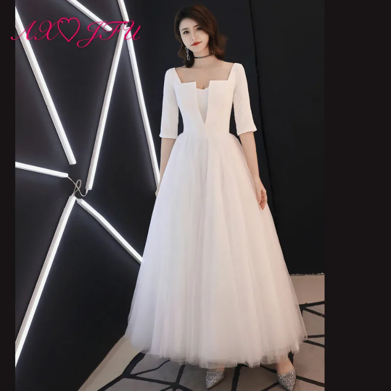 

AXJFU Luxury sweetheart white lace evening dress princess party pearls sashes half sleeve white evening dress 100% real photos