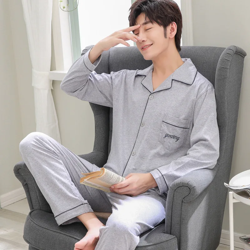 Мужские весенне-осенние новые удобные хлопковые Пижамные комплекты домашняя одежда для сна с длинными рукавами