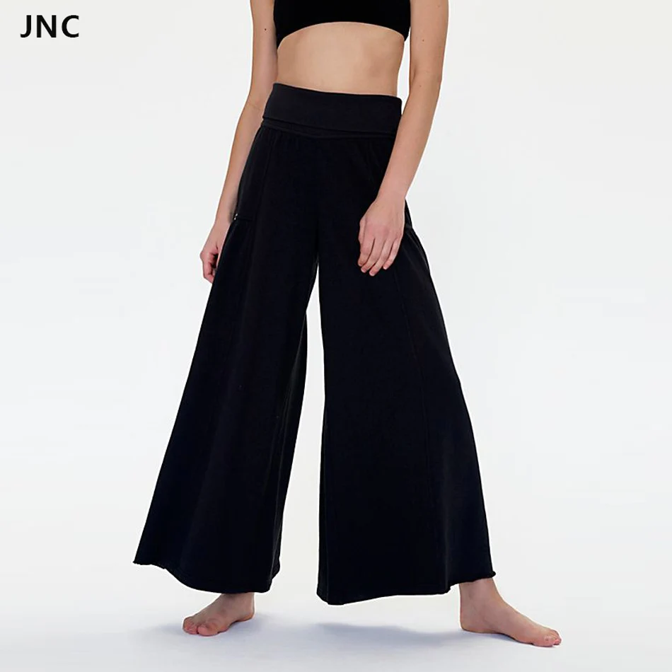 New Black Wide Flared Leg Yoga Pants for Women Fold over Waistband