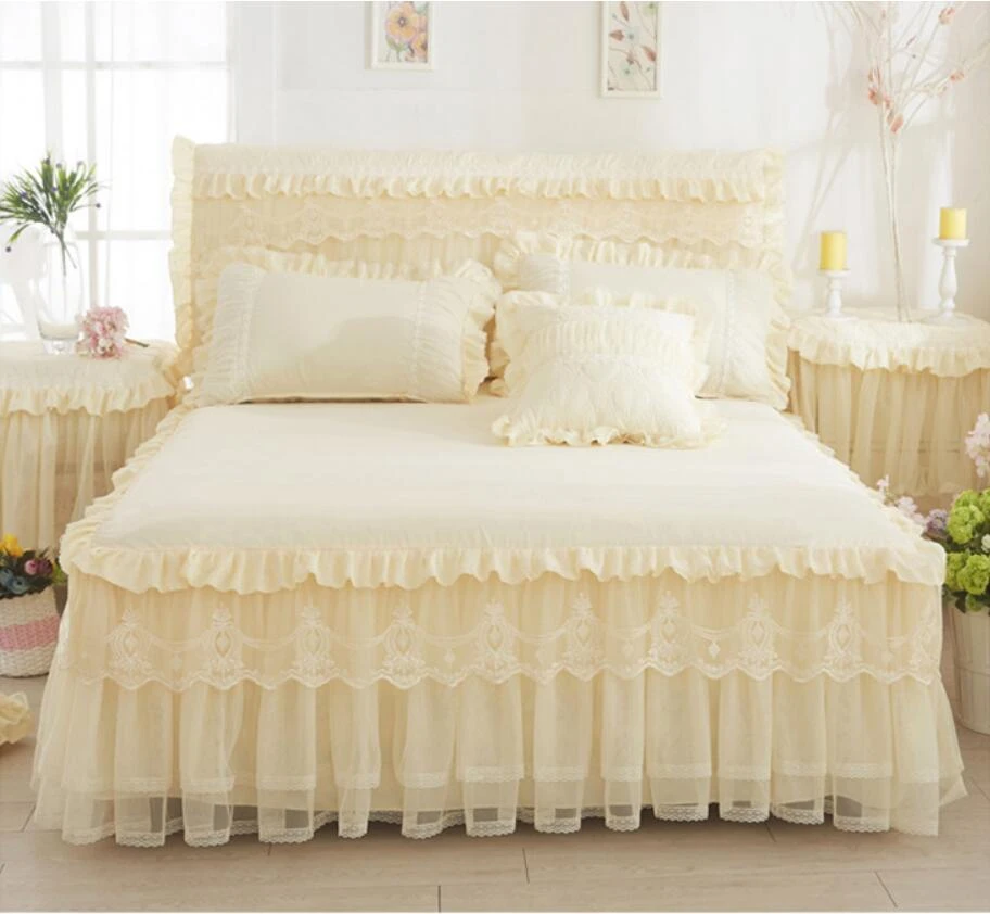 Couvre Matelas En Dentelle Beige Rose Pour Fille 1 Piece Jupe De Lit 2 Pieces Taies D Oreiller Literie Princesse Couvre Matelas Taille King Queen Aliexpress