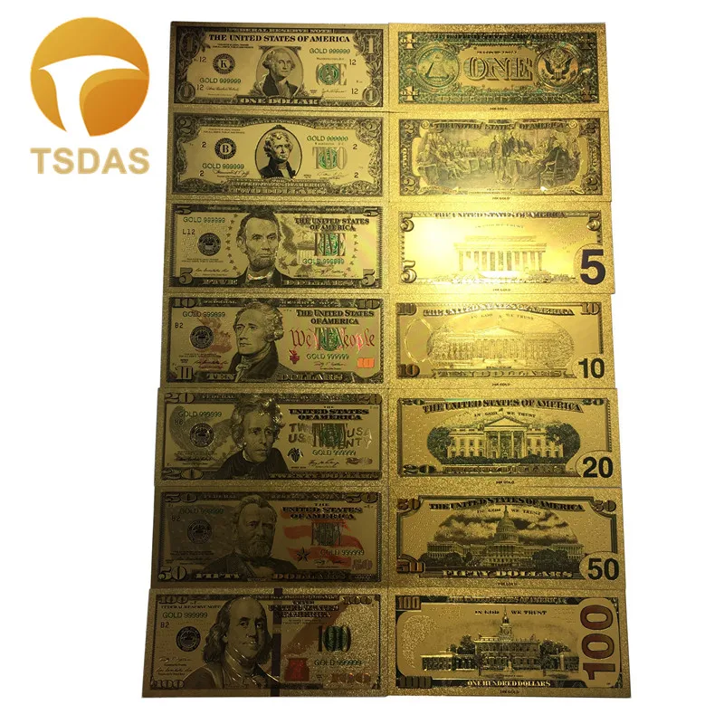 

7Pcs/Set 1 2 5 10 20 50 100 Dollar Gold Banknotes Decoration Gift Gold Plated USA Souvenir Bill Drop Shipping
