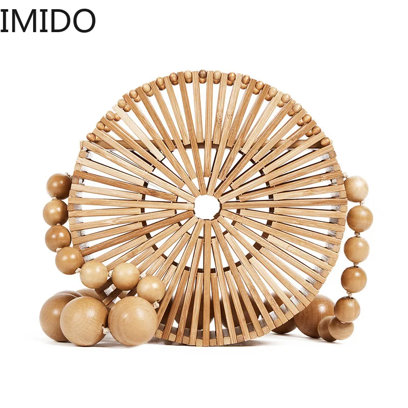 

IMIDO Fashion New Stylish Designer Craft Bamboo Handbag Casual Women Beach Handbag Cute Straw Rattan Weave Round Shoulder Bag