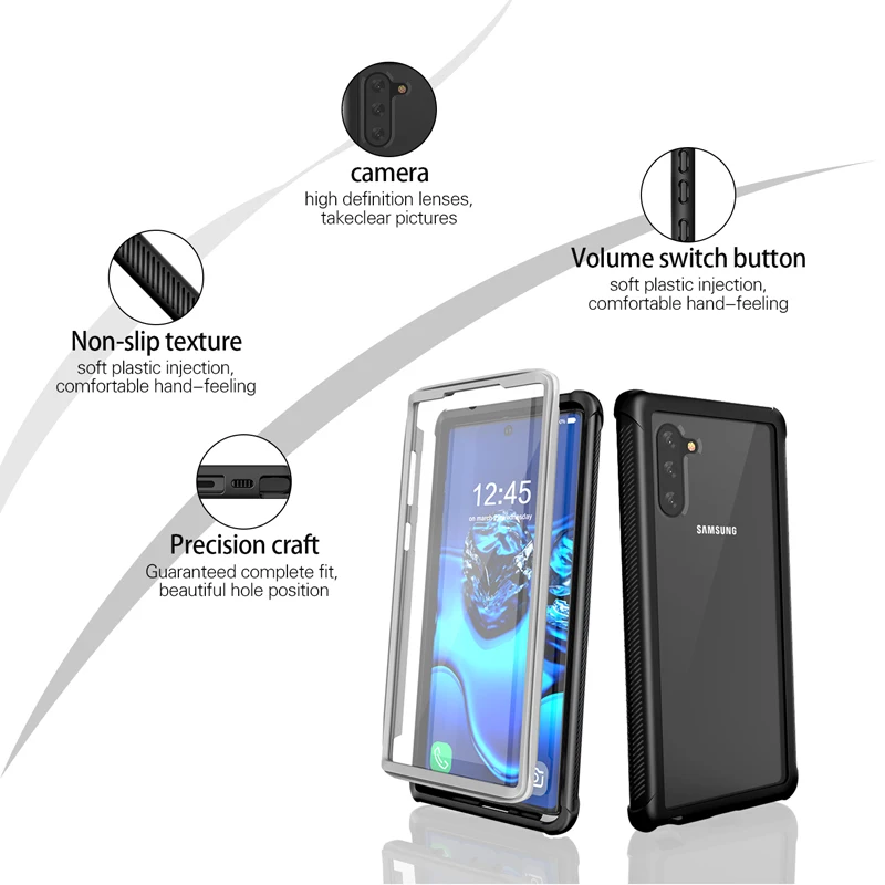 Для samsung Note 10 чехол, прозрачный, полный корпус, сверхмощная защита со встроенным протектором экрана, ударопрочный чехол, разработанный