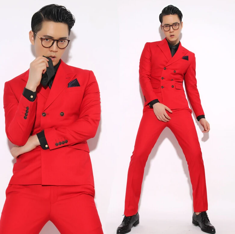 Buy Retro red double breasted suit man wedding suits