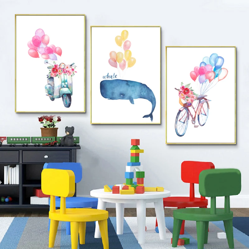 

Romantic Wedding Flower Bike Watercolor Canvas Painting Balloons Whale Posters Kids Room Decor Scandinavian Animal Wall Pictures