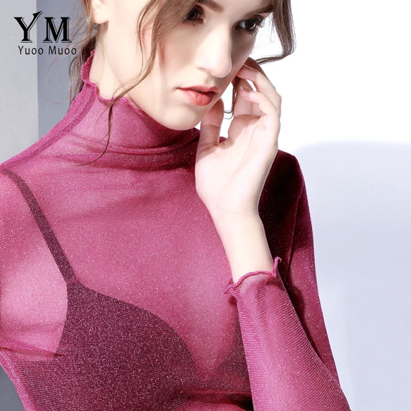 YuooMuoo Sexy Transparent Mesh T Shirt High Quality Women Turtleneck Tops Plus Size Long Sleeve Sheer Slim Ladies Sequin Top